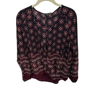 Harlowe & Graham‎ Womens Black Medallion Print Surplice V-Neck Blouse Medium